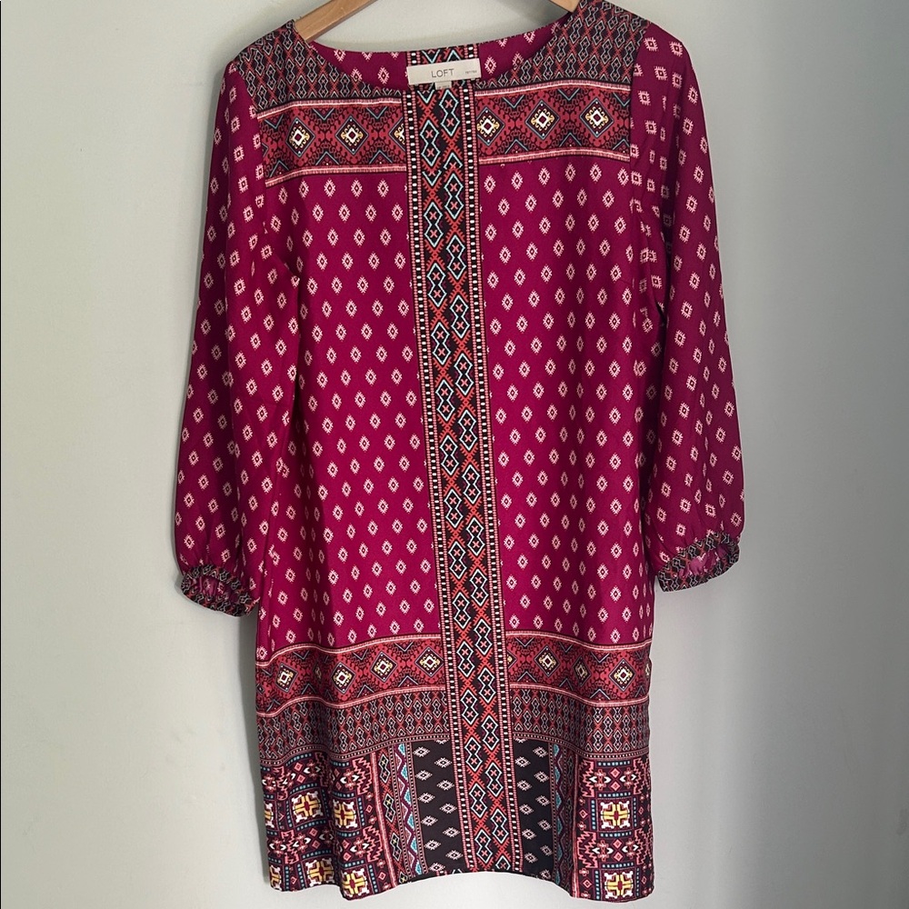 LOFT Women's Diamond Mosaic burgundy shift dress boho Medium Petite